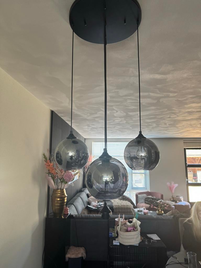 Hanglamp met 5 lichtpunten, Huis en Inrichting, Lampen | Hanglampen, Gebruikt, 75 cm of meer, Glas, Ophalen of Verzenden