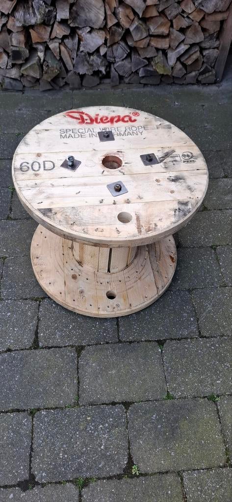 Houten haspel bijzettafel, Huis en Inrichting, Ophalen, Gebruikt, Rond, Minder dan 55 cm