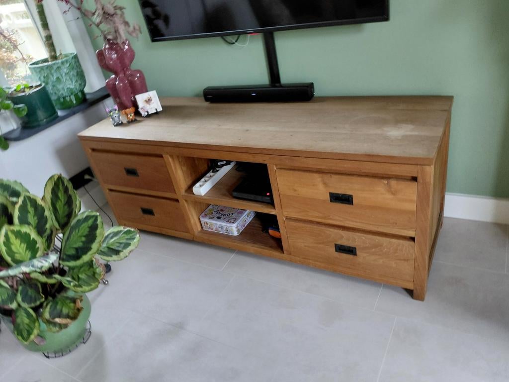 Massief Teak Dressoir/TV Kast met 4 Lades, Gebruikt, 150 tot 200 cm, Teakhout, Ophalen of Verzenden