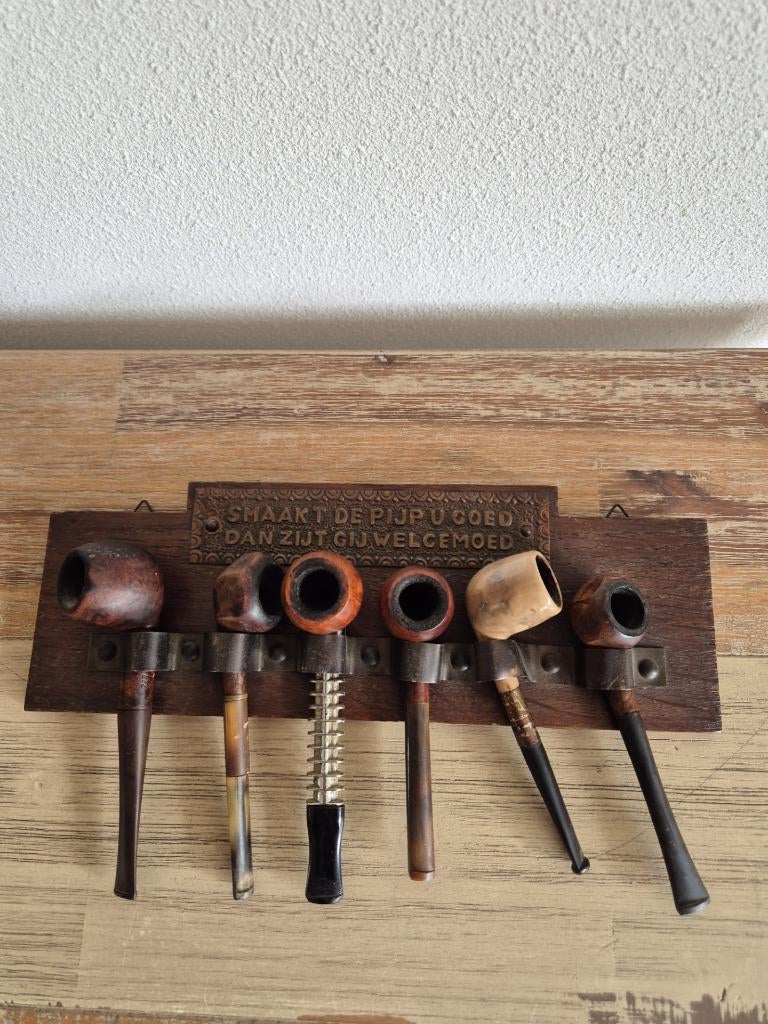 Vintage - Pijpenrek - Hout - 6 tabakspijpen - Div. merken., Verzamelen, Ophalen of Verzenden, Gebruikt, (Water)pijp