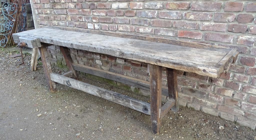oude houten werkbank met bankschroef sitetabel werktafel, Antiek en Kunst, Curiosa en Brocante, Ophalen