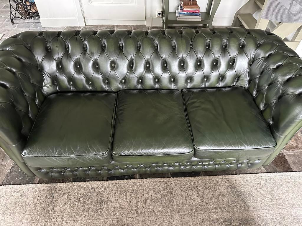 Groene Chesterfield 3-zits bank, Gebruikt, 150 tot 200 cm, Driepersoons, Ophalen of Verzenden