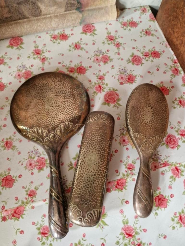 Oude verzilverde kaptafelset, Antiek en Kunst, Ophalen of Verzenden