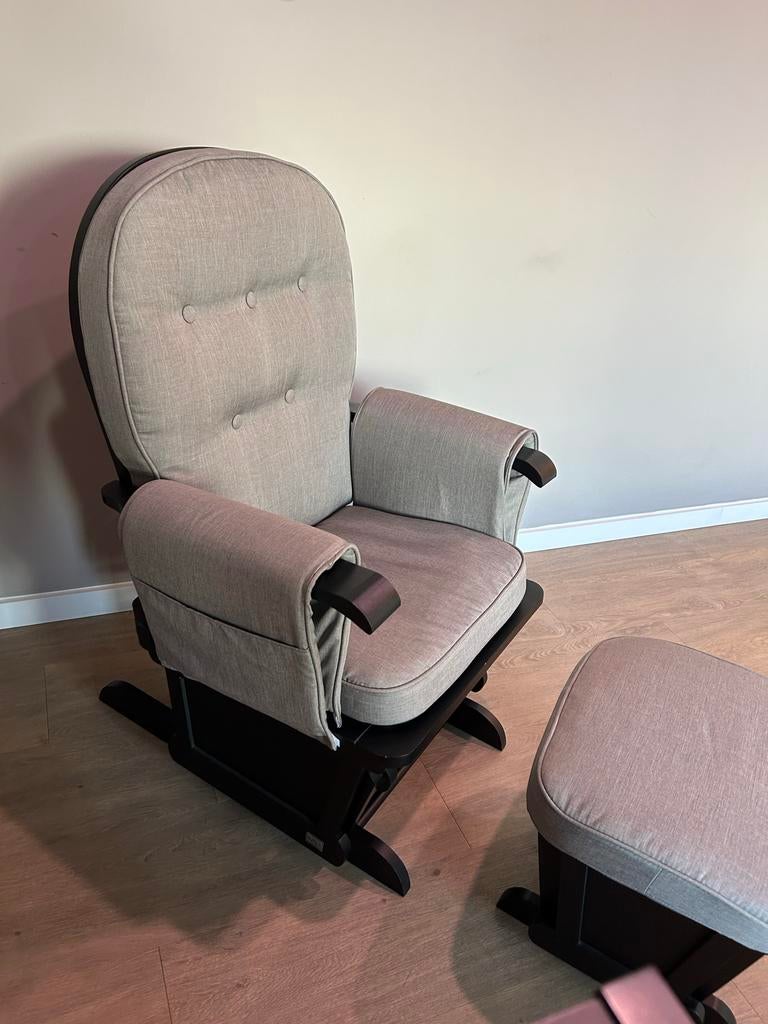 TWF Schommelstoel Berlijn Zwart Jeans Taupe met voetenbank, Huis en Inrichting, Fauteuils, Zo goed als nieuw, Hout, 50 tot 75 cm