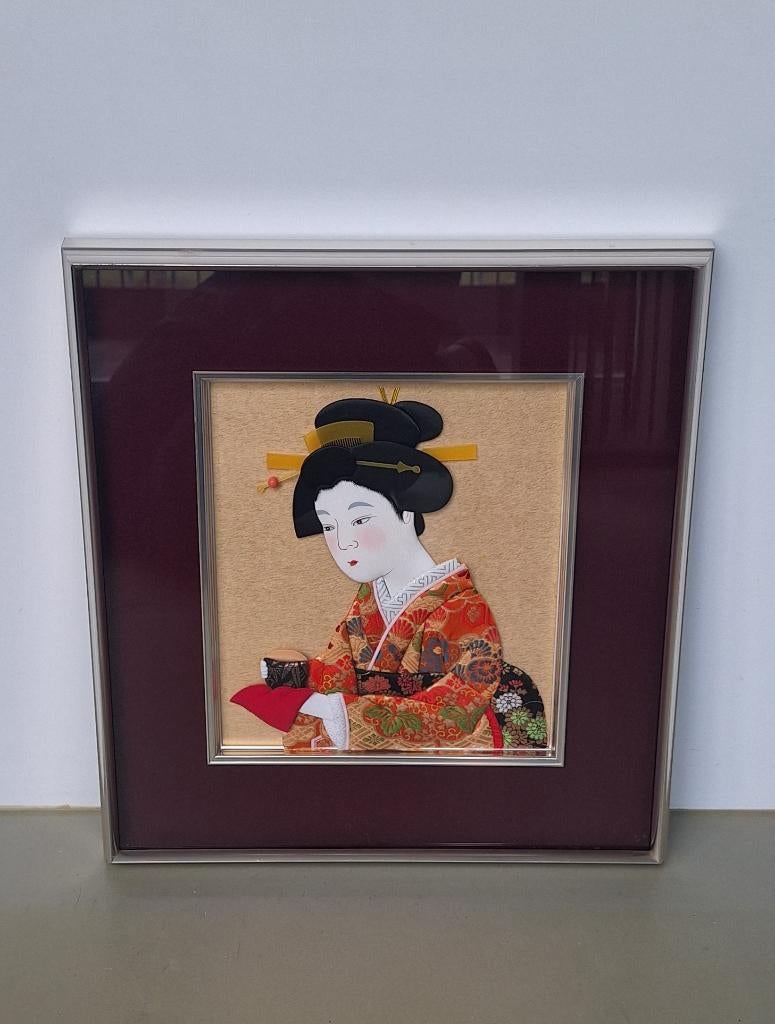vintage textiel-kunst geisha vrouw zijden kimono in 3D lijst, Ophalen of Verzenden
