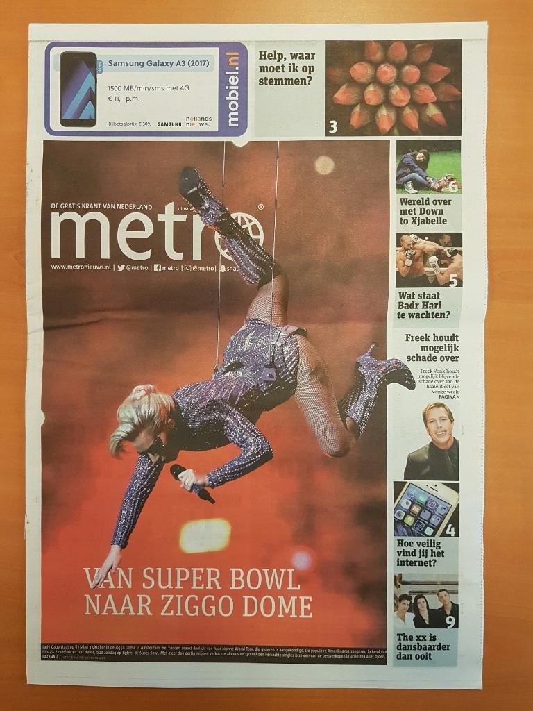 Metro krant cover Lady Gaga Joanne world tour 2017, Verzenden, Zo goed als nieuw, Boek, Tijdschrift of Artikel