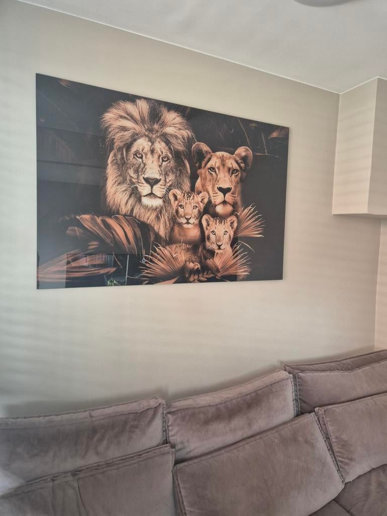 Glas schilderij leeuwen met 2 welpjes 100x150, Ophalen of Verzenden