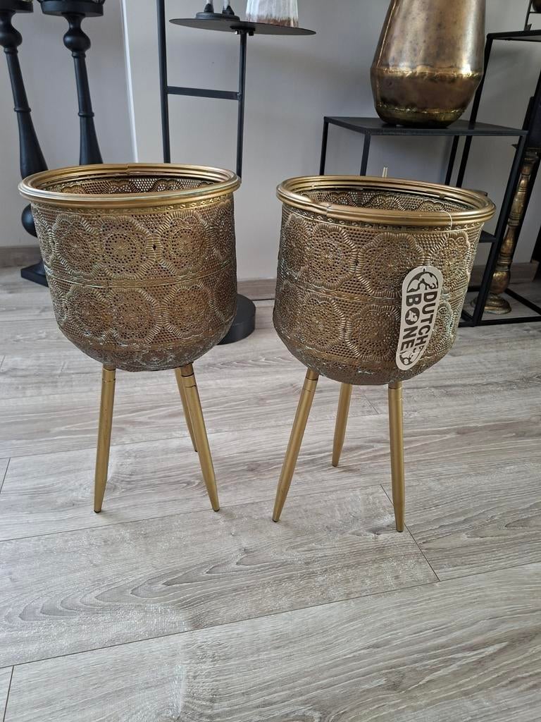 Set van 2 Gouden Plantenstandaards met Oosterse Motieven, Huis en Inrichting, Woonaccessoires | Zuilen en Pilaren, Ophalen, Zo goed als nieuw