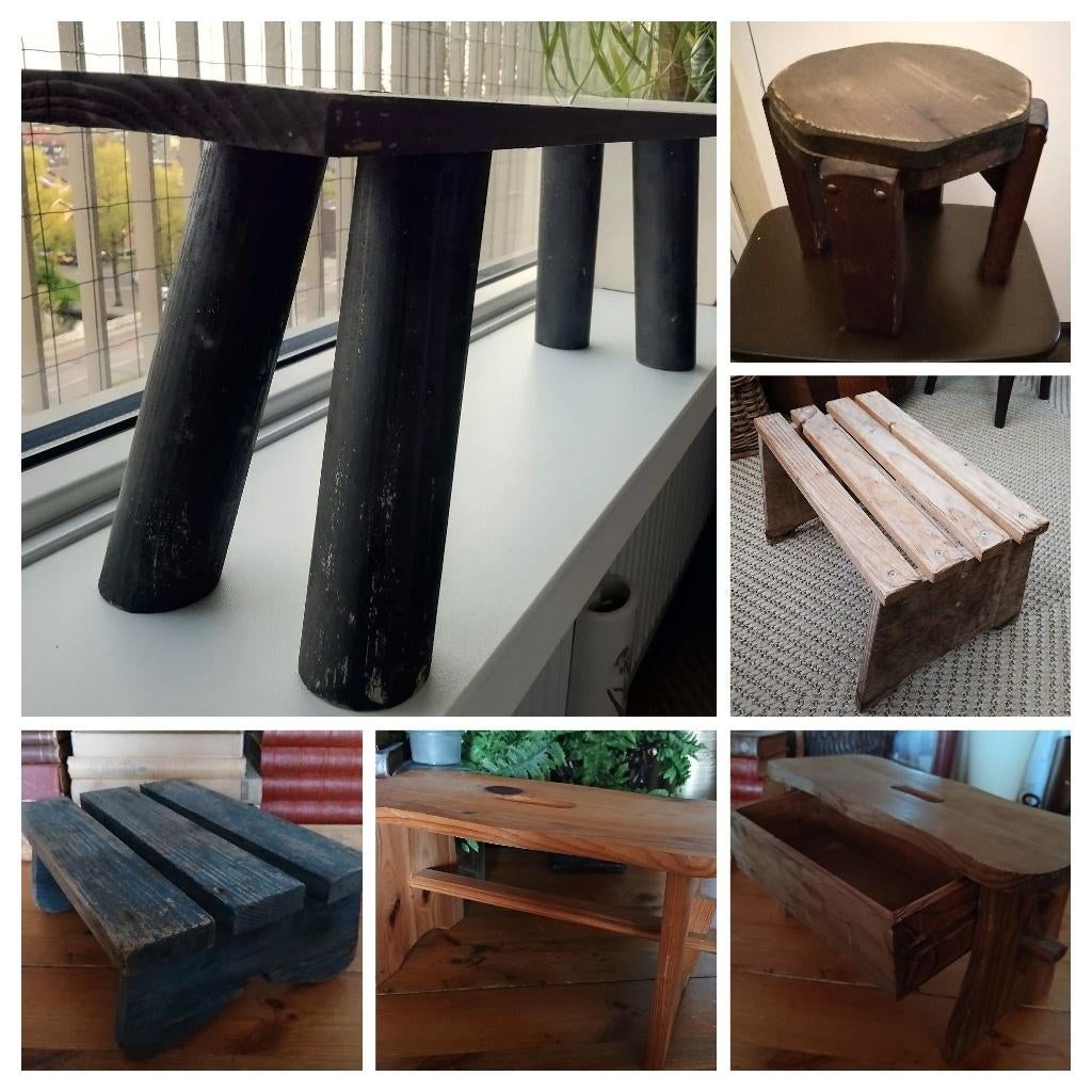 Krukje hout huisvlijt krukje bruin blauw vensterbank, Antiek en Kunst, Curiosa en Brocante, Ophalen of Verzenden