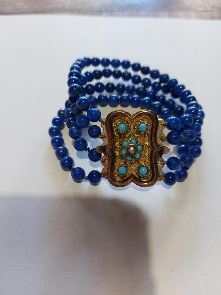 Vintage Lapis Lazuli Armband met Turquoise en Parel, Blauw, Ophalen of Verzenden, Zilver, Met bedels of kralen