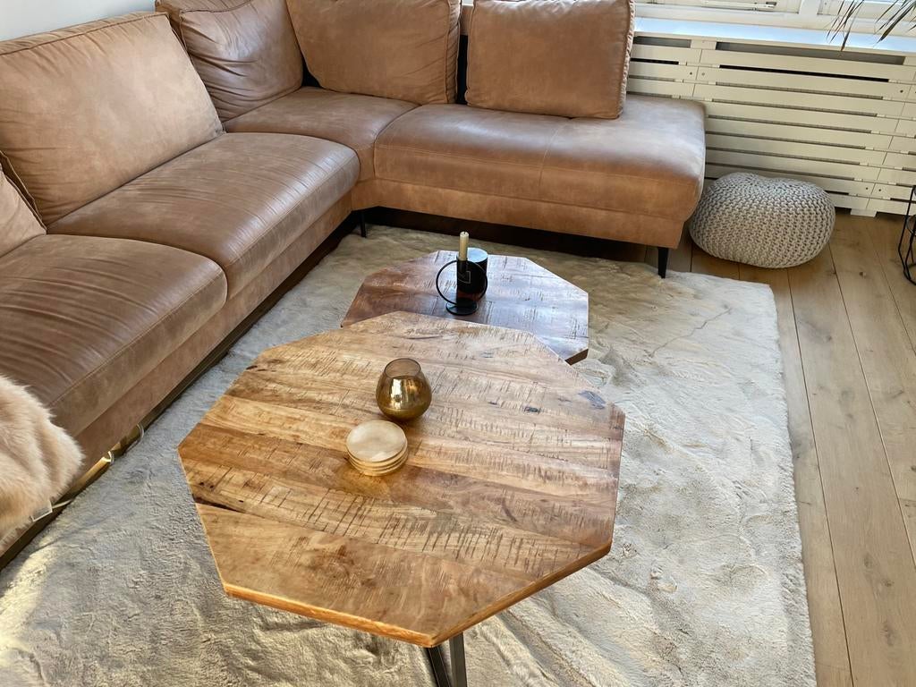 Mango houten salontafels – stoer en stijlvol, Huis en Inrichting, Tafels | Salontafels, Zo goed als nieuw, Minder dan 50 cm, 50 tot 100 cm