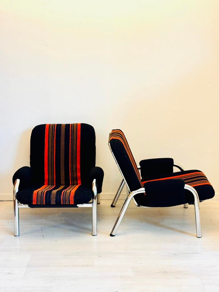 Vintage buisframe fauteuils dik chroom  jaren 70, Huis en Inrichting, Fauteuils, Zo goed als nieuw, Stof, 50 tot 75 cm, 75 tot 100 cm