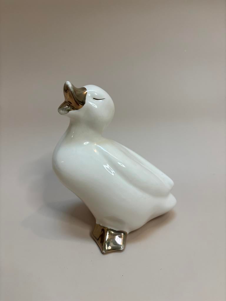 Vintage Keramiek Eend Wit met Goud, Verzamelen, Beelden en Beeldjes, Ophalen of Verzenden, Gebruikt, Dier