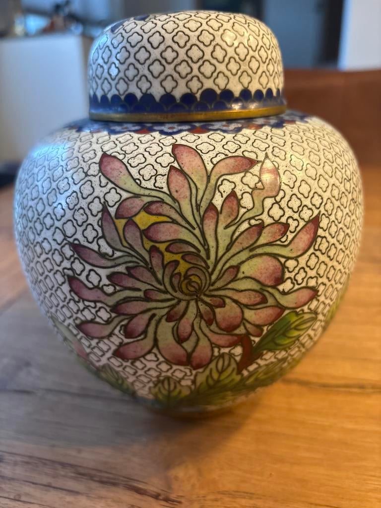 Vintage Cloisonné gemberpot met bloem en vlinder H18cm, Antiek en Kunst, Ophalen of Verzenden