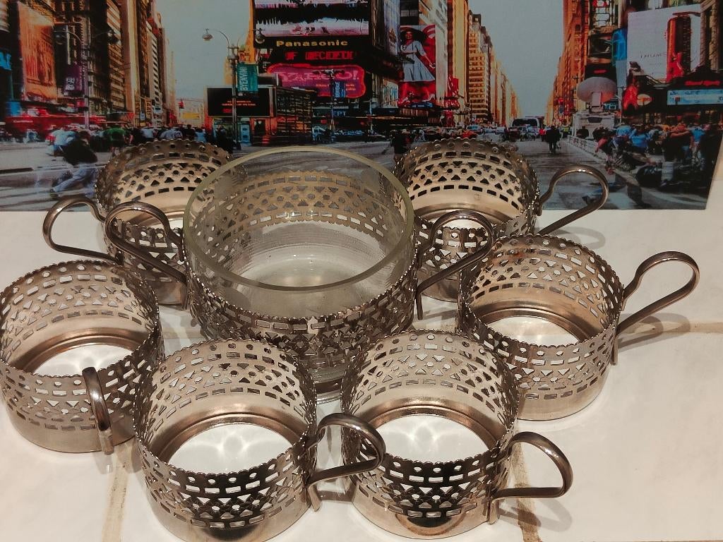 CCCP Compleet set van 6 Thee glashouders met Suikerpot, Antiek en Kunst, Ophalen of Verzenden