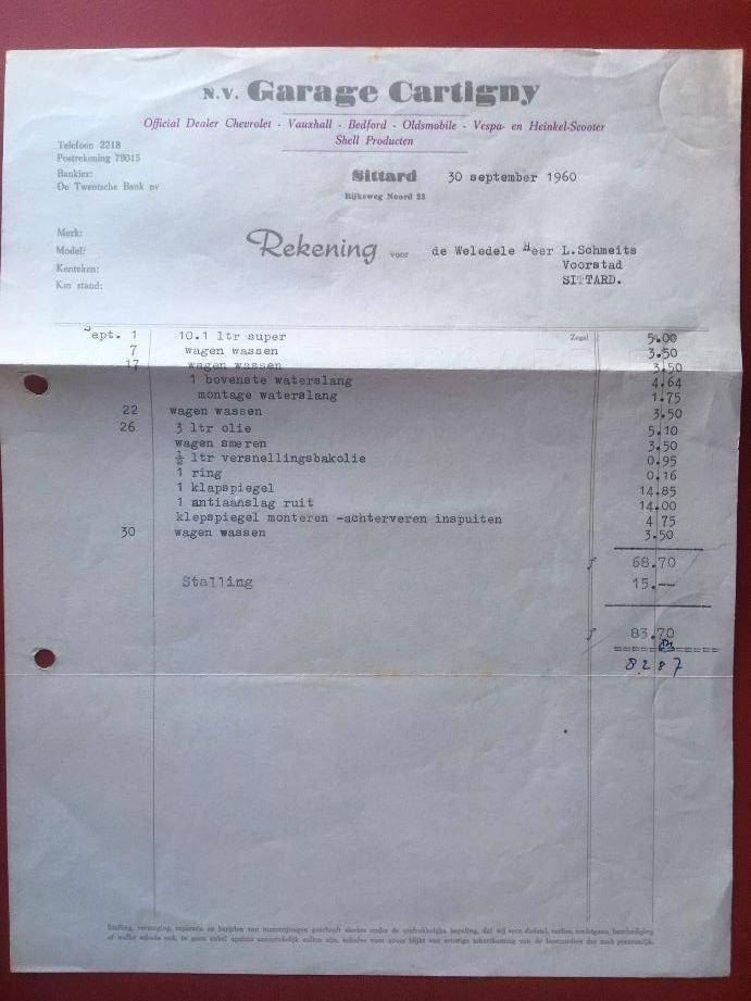 oude rekening van gar. Cartigny uit Sittard, Ophalen of Verzenden, Brief