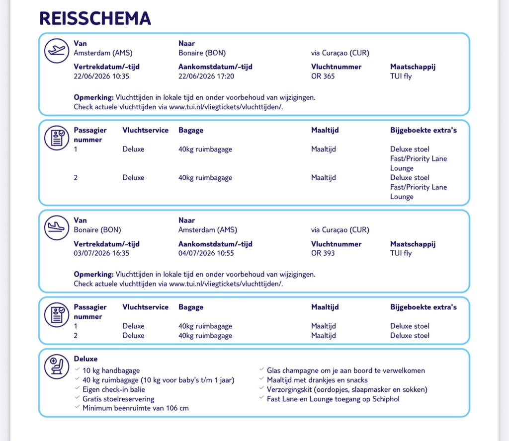 2x Vlucht Deluxe Class Amsterdam - Bonaire 22/6–3/7 2026, Twee personen, Vliegtuig, Met bestemming of datum