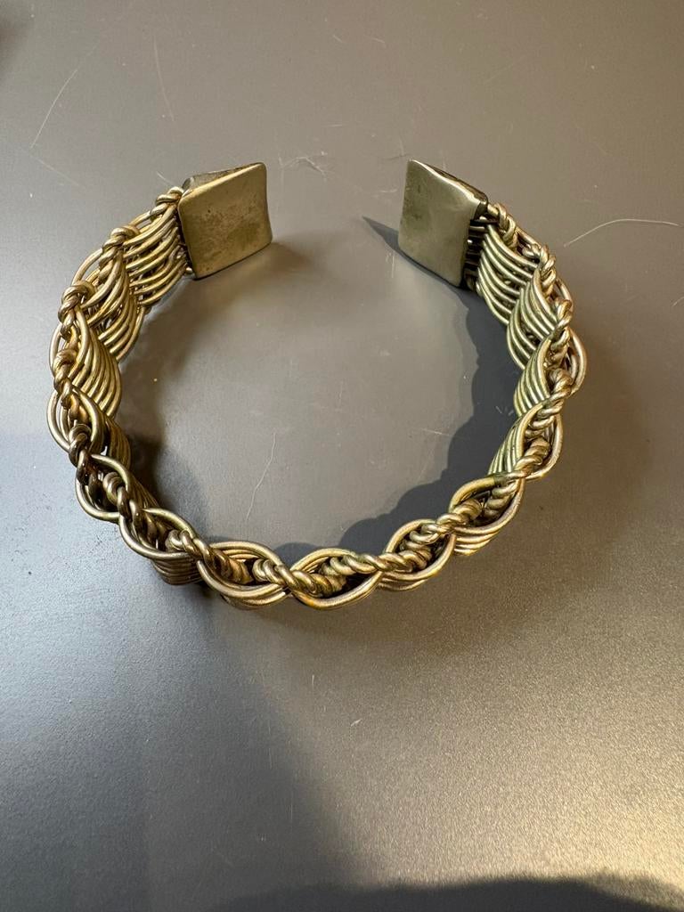 Vintage brede cuff armband etnische stijl gevlochten metaal, Ophalen of Verzenden, Zo goed als nieuw, Zilver