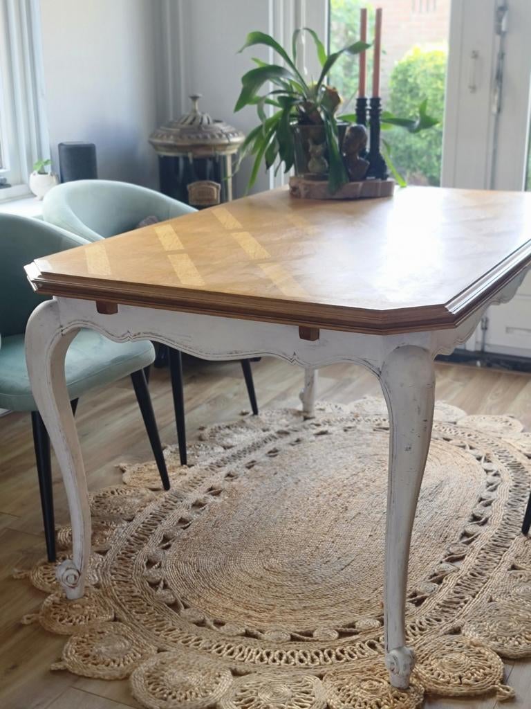 Vintage brocante landelijk Queen Anne uitschuifbare eettafel, Huis en Inrichting, Ophalen, 50 tot 100 cm, Vijf personen of meer