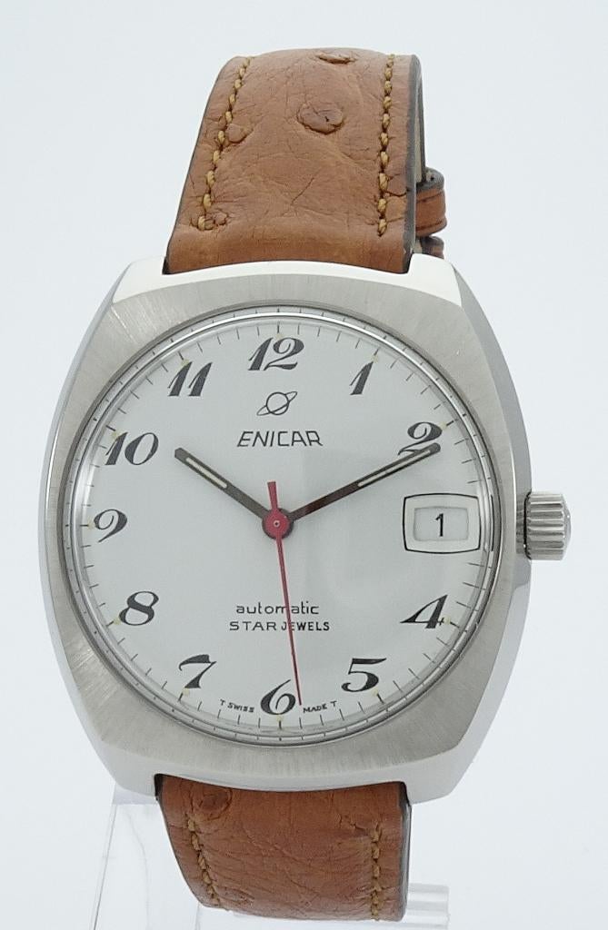 Enicar Ocean Pearl star jewels auto date 1970, Leer, Staal, Polshorloge, Ophalen