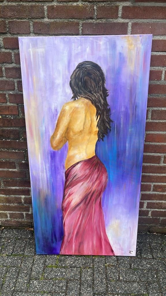 Groot Schilderij – Vrouw in Rode Doek – Handgeschilderd, Antiek en Kunst, Kunst | Schilderijen | Klassiek, Ophalen