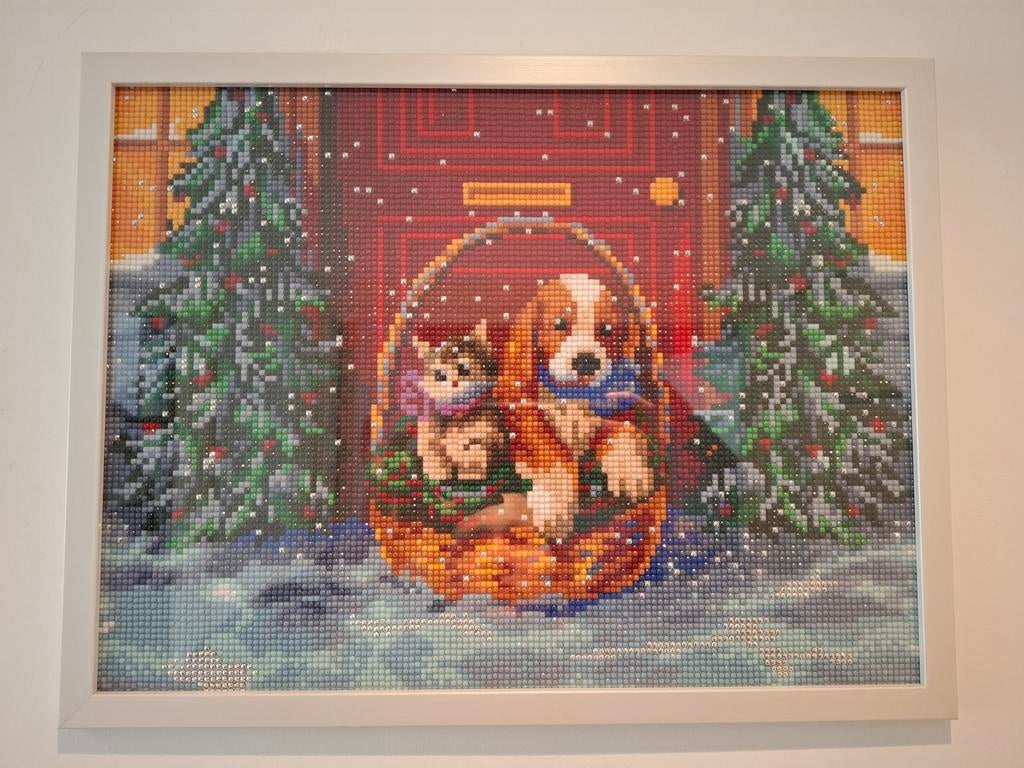 Diamond painting kerst hond&kat ingelijst, Minder dan 50 cm, Oorspronkelijke maker, Nieuw, Ophalen of Verzenden