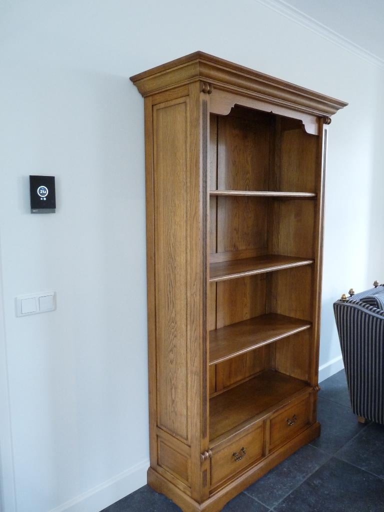 Massief eiken boekenkast met 2 lades, Ophalen, Met plank(en), 100 tot 150 cm, 200 cm of meer