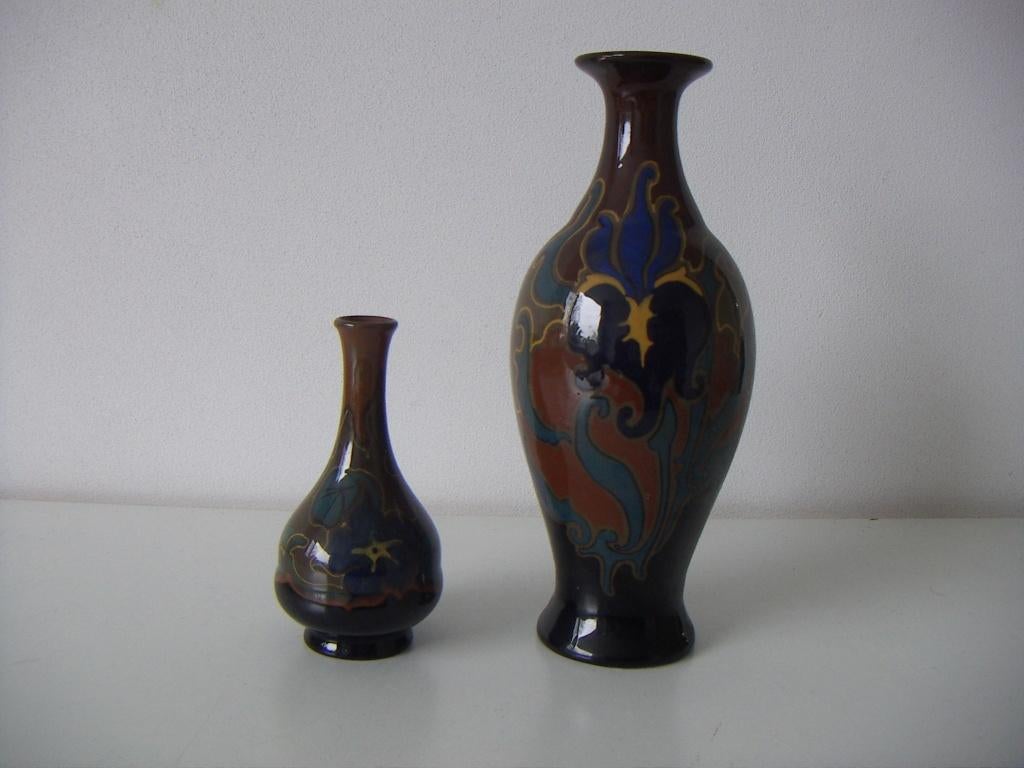 2 x Zenith Gouda plateel keramiek vaasjes jr.ca.1920., Overige kleuren, Aardewerk of Porselein, Ophalen of Verzenden, Zo goed als nieuw