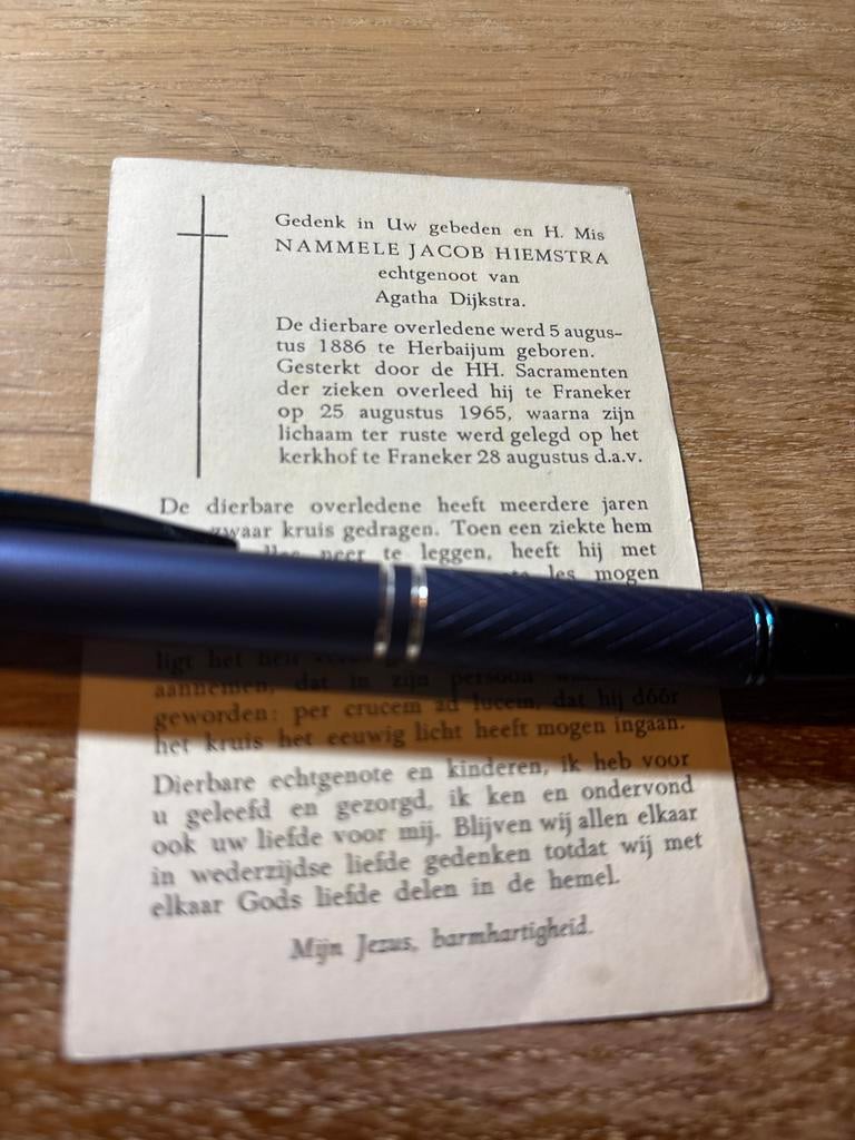 Hiemstra Nammele 1886 Herbaijum 1965 Franeker x Dijkstra, Ophalen of Verzenden