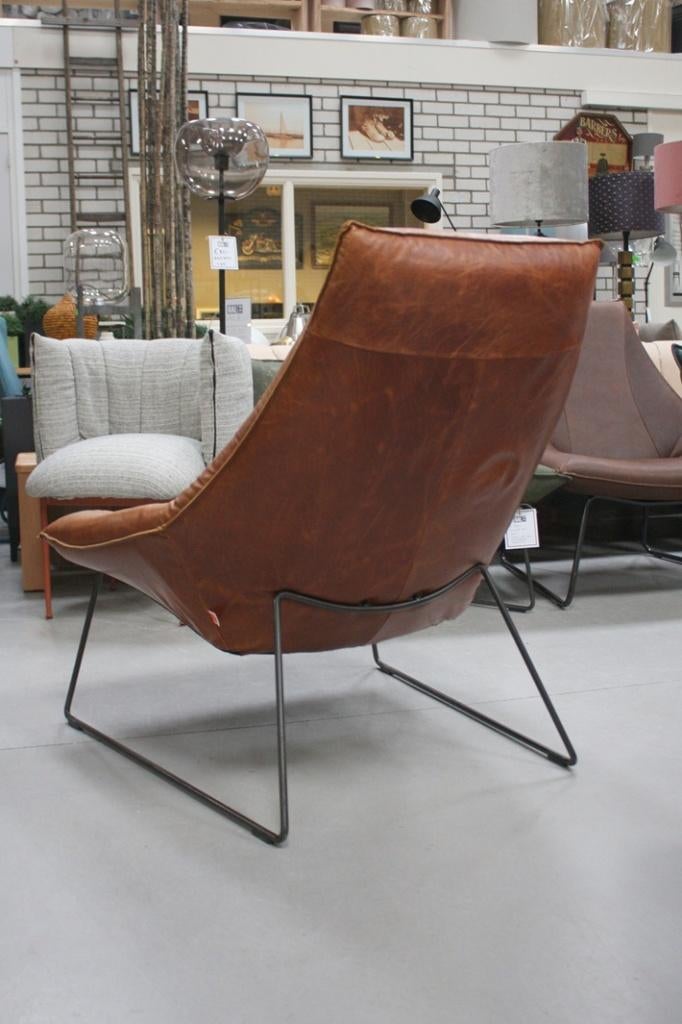 Gave fauteuil BEAL Jess design metaal leer bruin vintage, Ophalen, Gebruikt, 75 tot 100 cm, Leer