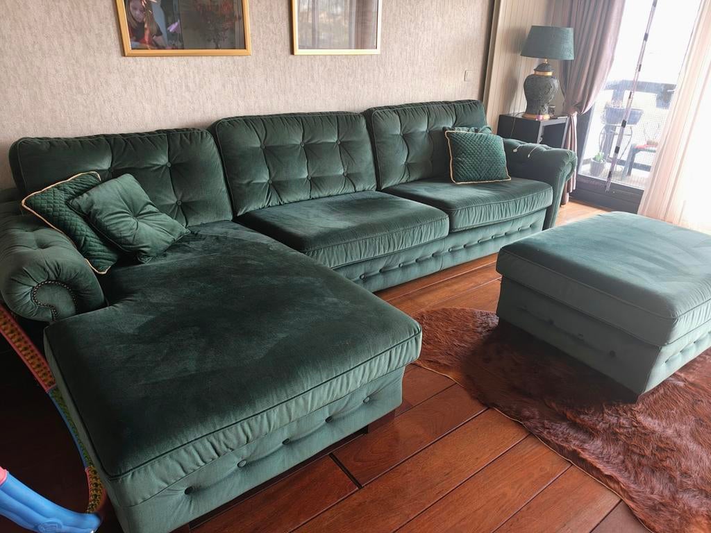 Groene loungebank met hocker, 330 cm breed, Ophalen