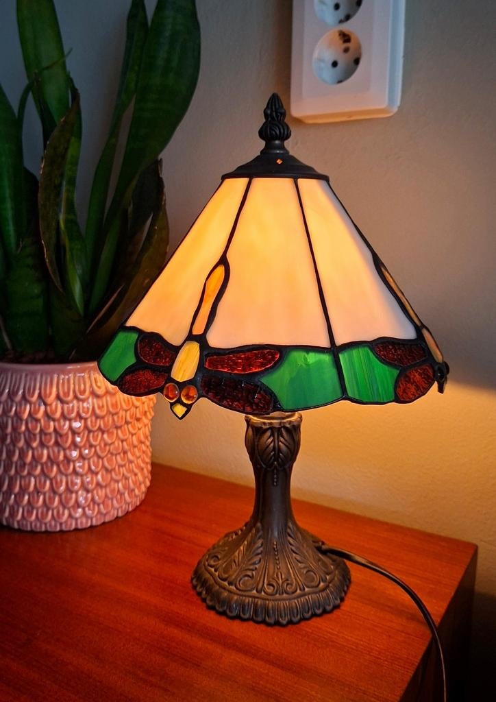 Tiffany Stijl Libel Lamp - Glas in Lood lamp metalen Voet, Antiek en Kunst, Antiek | Lampen, Ophalen of Verzenden