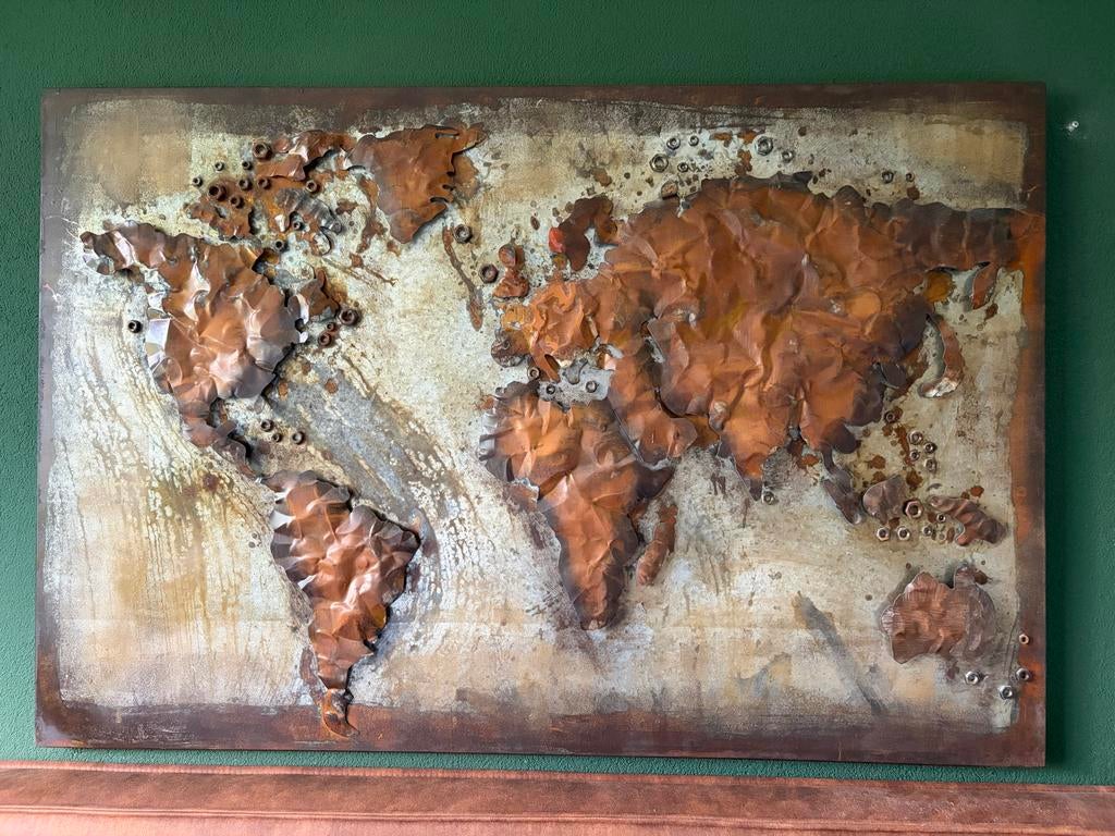 Industriële metalen wereldkaart 80x120cm, Huis en Inrichting, Woonaccessoires | Wanddecoraties, Gebruikt, Wandsculptuur, Industrieel