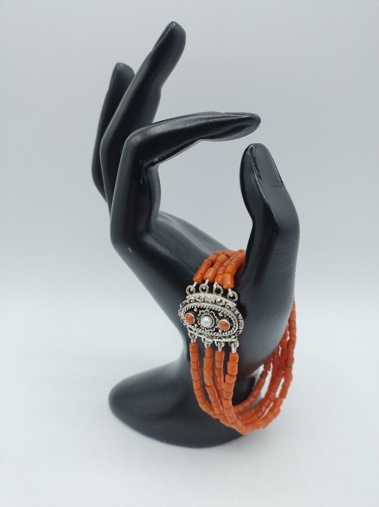 Bloedkoralen armband met zilveren slot met parel, 19 cm, Info@zilverwebsite.nl, Verzenden, Zo goed als nieuw, Zilverwebsite.nl