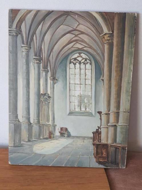 Schilderij interieur kerk C. J. Groothuizen., Antiek en Kunst, Kunst | Schilderijen | Klassiek, Ophalen