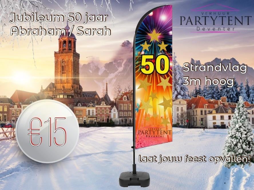 Jubileum 50 jaar! Feest vlag huren voor 50 jaar jubileum, Hobby en Vrije tijd, Feestartikelen | Verhuur, Nieuw, Abraham of Sarah
