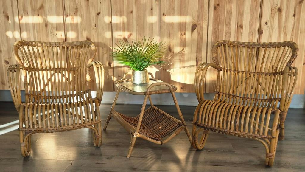 Vintage Rohe Noordwolde bamboe set compleet, Overige materialen, Bijzettafel, Zo goed als nieuw, Loungeset