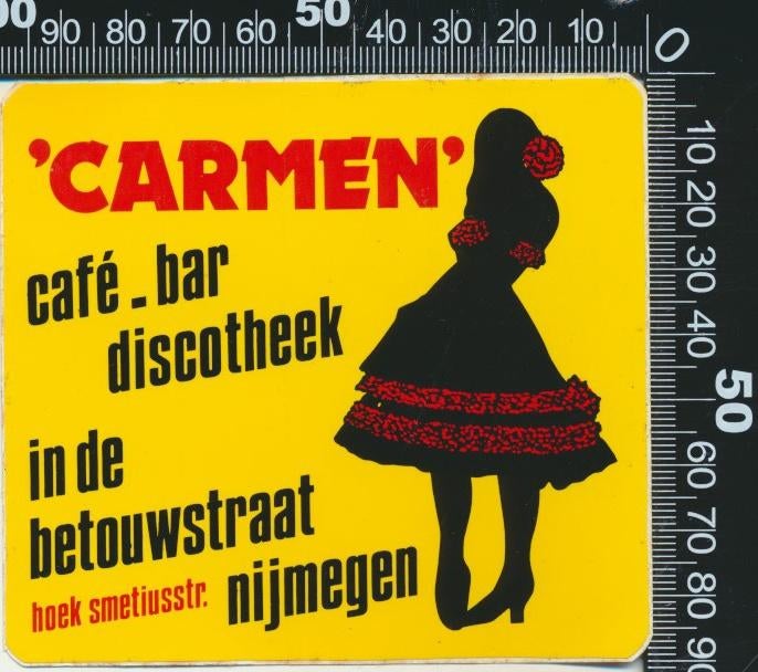 Sticker: Cafe Bar Discotheek Carmen - Nijmegen, Verzamelen, Ophalen of Verzenden, Zo goed als nieuw, Bedrijf of Vereniging