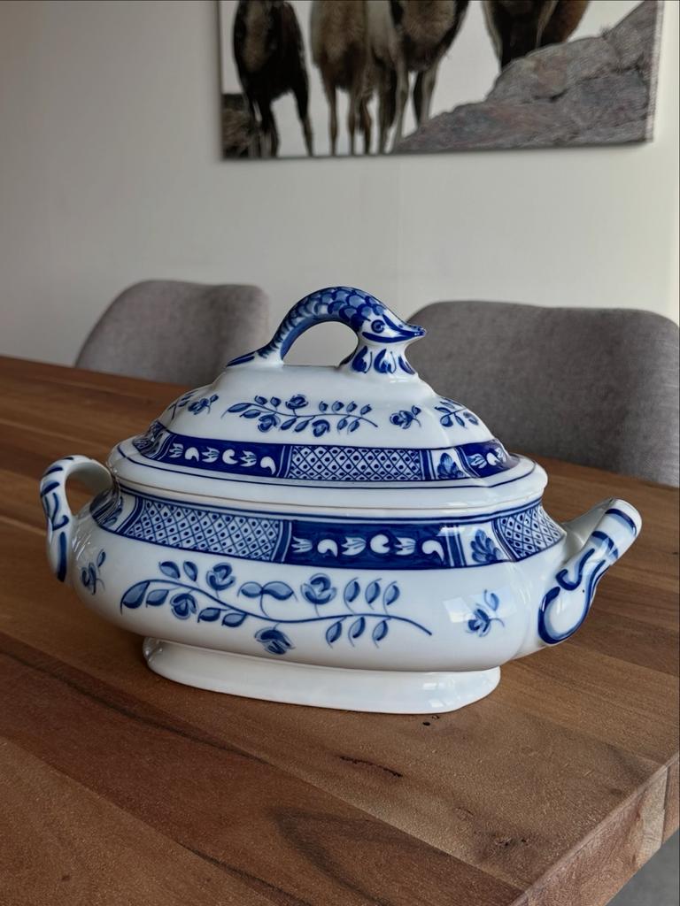 Vintage terrine met blauwe schilderingen, Ophalen of Verzenden