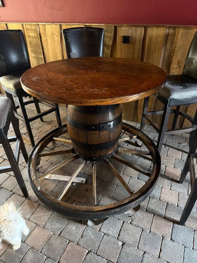 Mancave tafel met 6 krukken - Uniek exemplaar, Gebruikt, 100 tot 150 cm, Rond, Ophalen of Verzenden