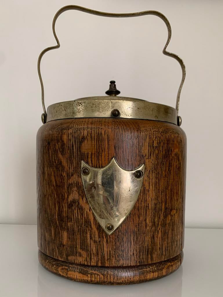 Oude houten tabakspot of koekjespot met verzilverde details, Ophalen of Verzenden