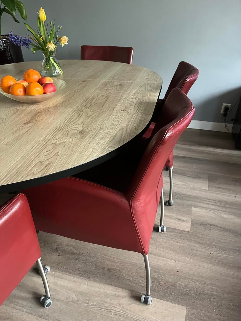 6 lederen eetkamerstoelen op wieltjes, Ophalen, Leer, Zo goed als nieuw, Vijf, Zes of meer stoelen