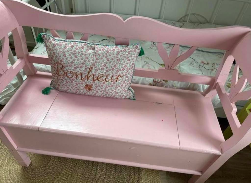 Roze houten bankje met opbergruimte, Huis en Inrichting, Stoelen, Ophalen, Gebruikt, Overige kleuren, Eén
