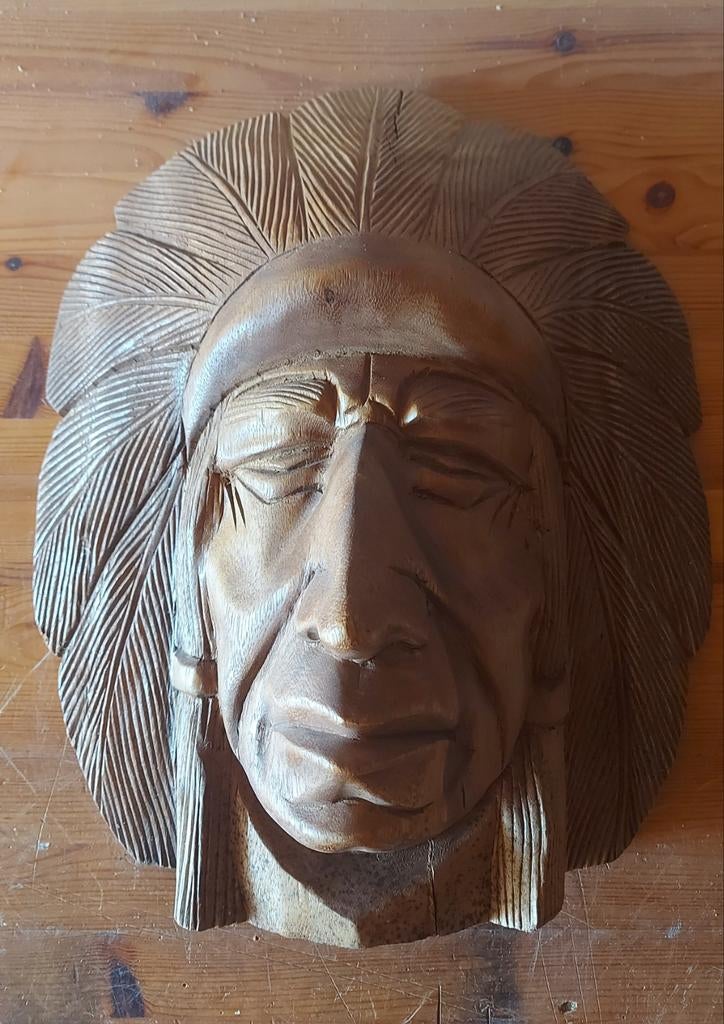 Houten Indianen hoofd handgesneden, Ophalen of Verzenden