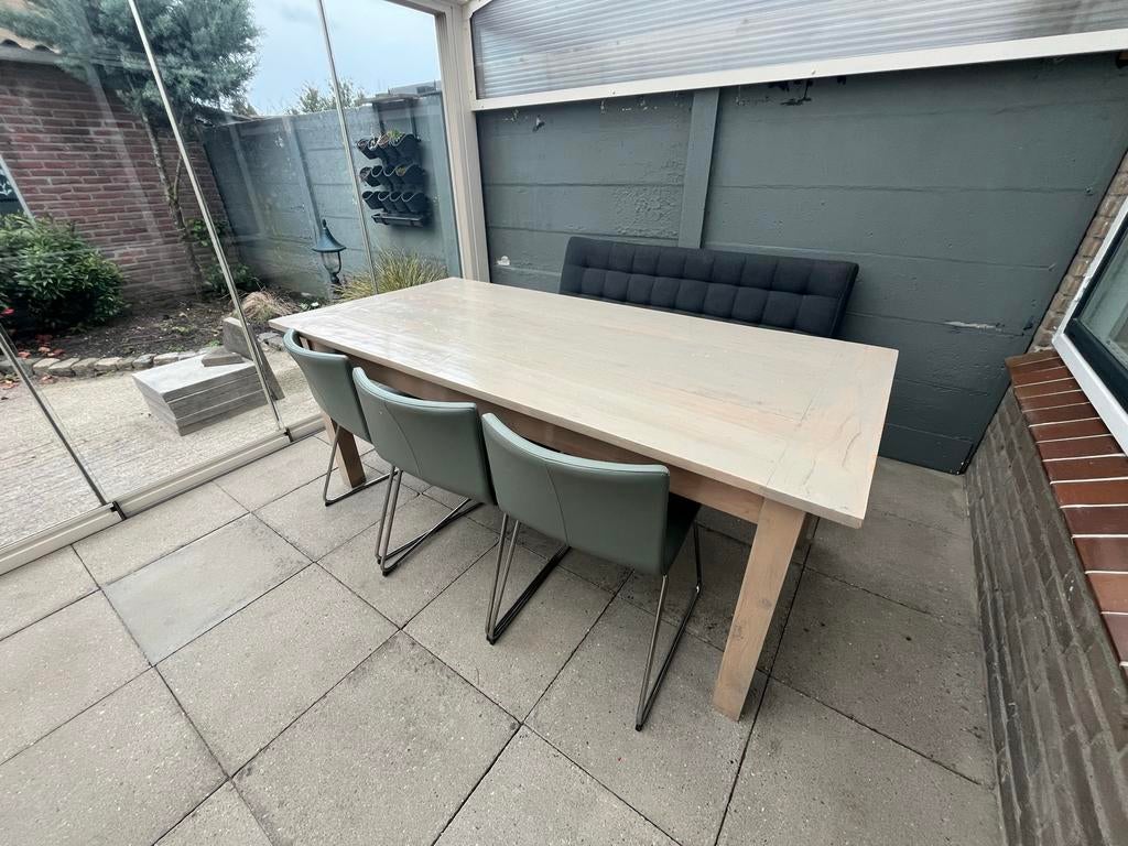 Tafel met bank en 3 stoelen, Tuin en Terras, Tuinsets en Loungesets, Gebruikt, 6 zitplaatsen, Ophalen of Verzenden, Hout