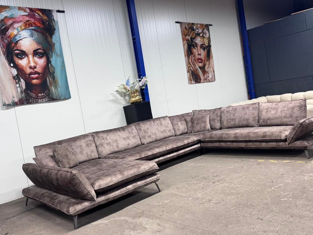 ZGAN Luxe Velvet Velours Design U-Bank - Taupe - 405cm, Huis en Inrichting, Banken | Bankstellen, -, -, Hoekbank, 300 cm of meer