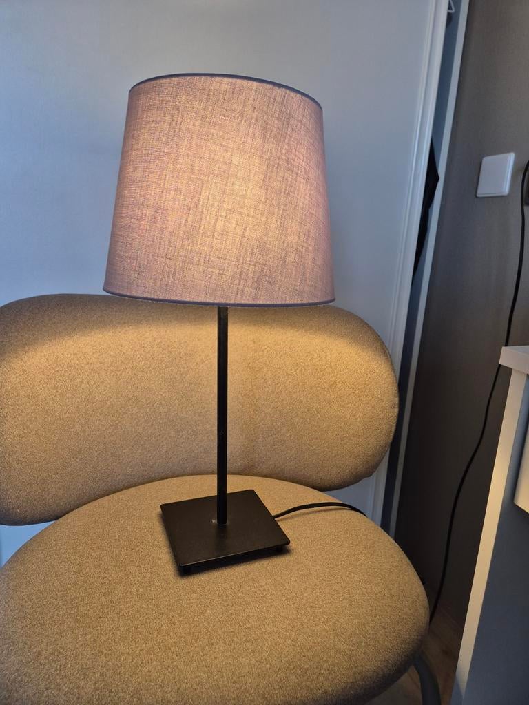 Schemerlamp met zwarte poot en grijze kap - 49 cm hoog, Ophalen, Gebruikt, Stof, Minder dan 50 cm