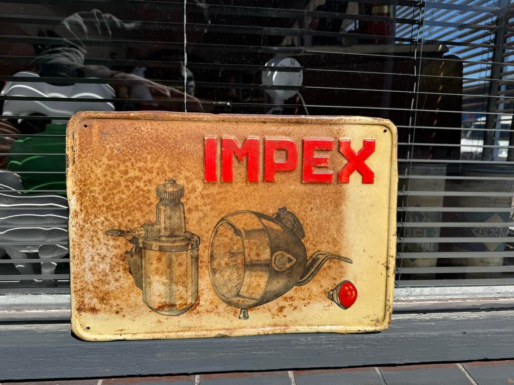 IMPEX oud metalen reclame bordje, Verzamelen, Merken en Reclamevoorwerpen, Reclamebord, Gebruikt, ., Ophalen of Verzenden