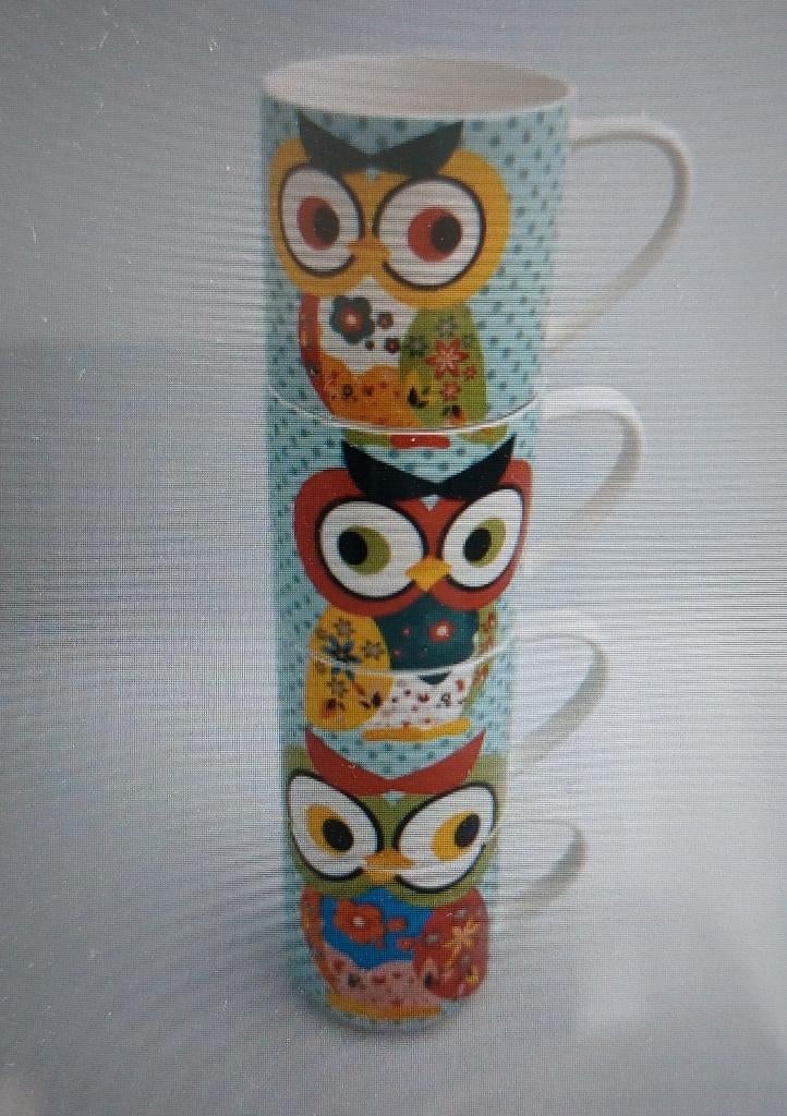 Engelse Owl Mugs, vier uil-mokken van Invotis, nieuw in doos, Ophalen, Nieuw, Overige stijlen, Kop(pen) en/of Schotel(s)