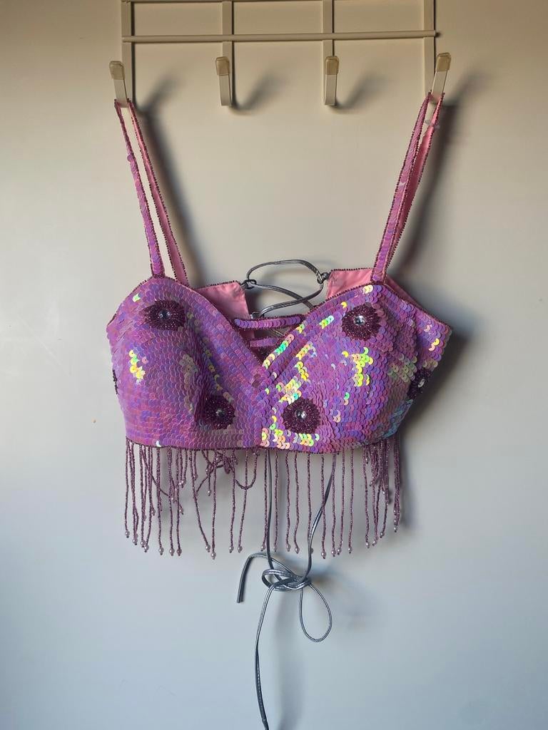 Roze Y2K top met pailletten en kralen, Nieuw, Ophalen of Verzenden, Roze, Zonder mouw